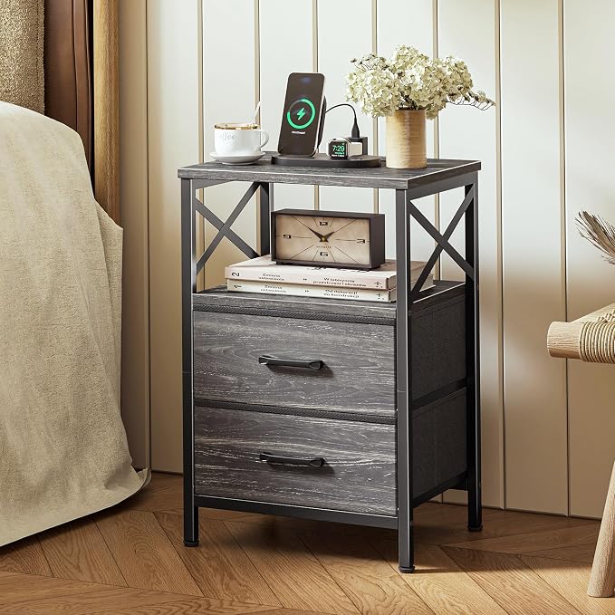 Huuger Nightstand Set of 2 with Charging Station, USB-C Port, End Tables | Night Stand with 2 Drawer Side Table with Open Shelf, Bedside Table for Small Spaces, X Shaped Side Rail, Charcoal Black