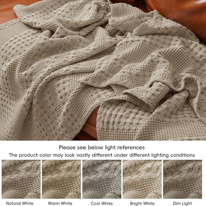 PHF Lightweight 100% Cotton Waffle Throw Blanket for Couch, Taupe | Pre-Washed Soft Cotton Comfort, Breathable Layering Warmth for Fall & Winter, Office, Travel, Sofa, Home Decor & Gifts