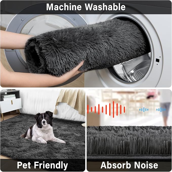 Soft Modern Indoor Large Shaggy Rug for Livingroom Bedroom Dorm Kids Room Home Decor, Non-Slip Plush Fluffy Furry Fur Area Rugs Comfy Nursery Accent Floor Carpet 9x12 Feet, Dark Grey