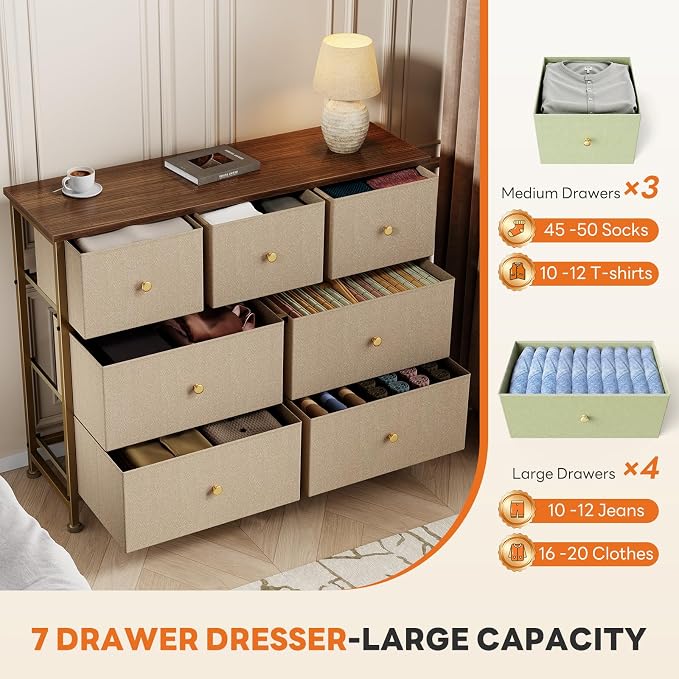Sweetcrispy 7 Drawer Dresser for Bedroom Storage with Fabric Bins, Khaki | Anti-Tip Closet Organizer, Wooden Top and Sturdy Steel Frame, Spacious Drawers for Clothes Storage, Hallway Entryway