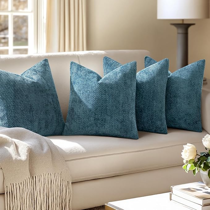 MIULEE Soft Decorative Chenille Pillow Covers Smoke Blue 18x18 Pack of 4 | Coastal Home Decor, All Same Color Set, Couch Throw Pillows, Farmhouse Boho Cushion Covers for Sofa Bed Living Room