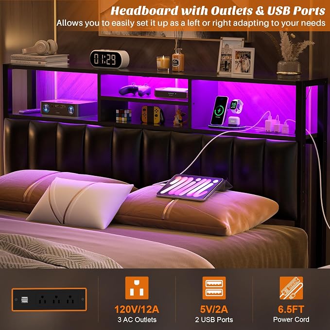 Aheaplus Headboard for Queen Size Bed with Storage, Upholstered Headboards | with Outlets, USB Ports and LED Light, Reversible Queen Size Head Board, Height Adjustable, Comfortable Headboard, Black