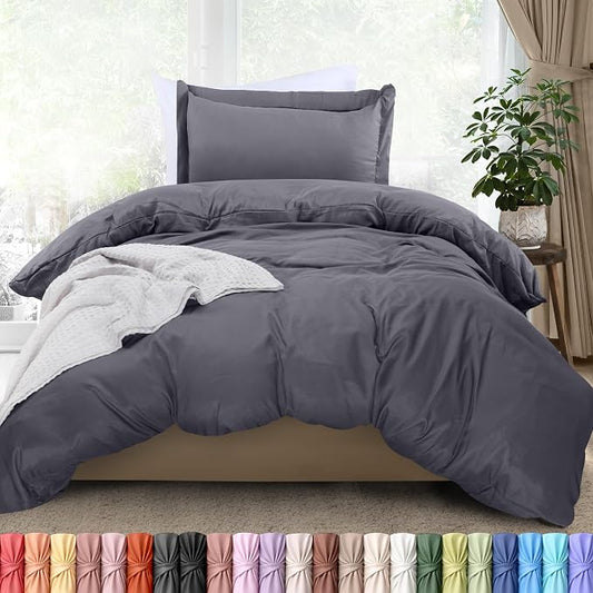 Duvet Cover Twin/Twin XL, 3 PC Cotton Like Polyester, Zipper Closure, Grey | Extra Soft and Breathable, Wrinkle & Fade Resistant, Includes Duvet Cover and 1 Pillow Sham, Comforter Not Included, OekoTex