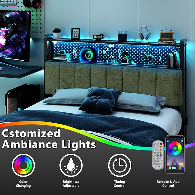 VINGLI Chenille Green Upholstered Bookcase Headboard Only Full Size Height Adjustable Headboard with 2 Tier Shelves, LED Lights and Charging Station for Bed, Bedside Storage