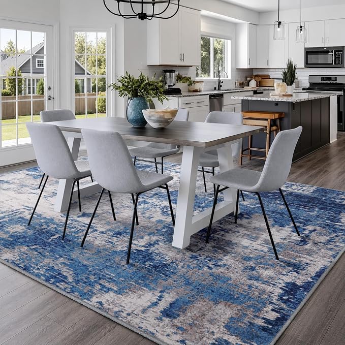RELEANY Washable 10'x14' Abstract Area Rug for Living Room Blue Gray | Carpet for Bedroom, Kitchen, Office, Hallway and Entryway, Printed Pattern, Non‑Slip, Soft, Stain‑Resistant, Easy to Clean