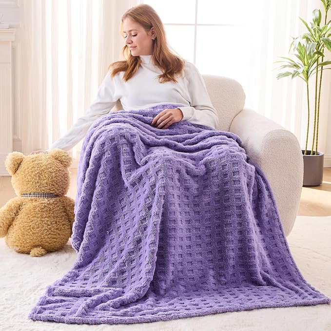 NEWCOSPLAY 3D Waffle Checkered Flannel Twin Blanket, Lavender, 60"x80" | Super Soft Cute Lightweight Decorative Premium Silky Fleece Blanket for Couch Sofa Bed, Gift for Women Men, All Season Use