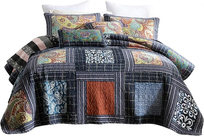 Cotton Patchwork Bedspread, 3-Piece Bedding Quilt Set with Real Stitched Embroidery, Reversible Matelasse Bed Coverlet Set,Vintage Flowery Grid,Queen Size