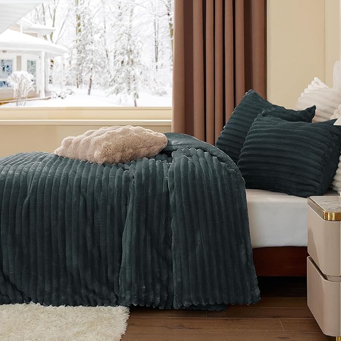 BEDELITE Fleece Full Comforter Set, Fluffy Bed Set, Dark Grey | Super Soft & Warm Bedding, Luxury Fuzzy Faux Fur Comforter for Winter, Heavy Plush Bedding, with 2 Pillowcases