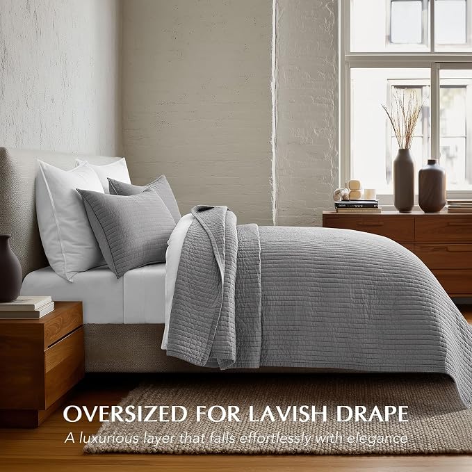 EVERGRACEHOME Cotton Sateen Quilt Set, King Size, Fog Gray | 100% Cotton, Channel Stitch Coverlet Bedspread, Pre-Washed Lightweight Soft Bedding Set for All Season, 3 Piece, with 2 Shams