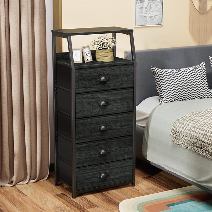 Furnulem Black Dresser for Bedroom, Fabric Dorm Tall Nightstand | 5 Drawers Chests of drawers, Closet Organizer, Bedside Table Furniture for Living Room, Sturdy Steel Frame, Wood Top