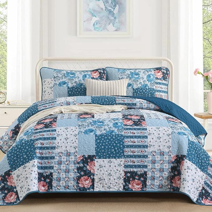 Anibedding Quilt Set King Size, 3 Pieces Blue Floral Patchwork Bedspread with Red Flower Pattern Coverlet Set, Soft Microfiber Bedding Set Reversible Bed Cover for All Season 110''x90''