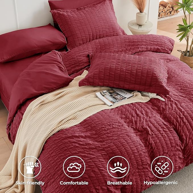 HYMOKEGE Burgundy California King Comforter Set Seersucker 7 Pieces, All Season Luxury Bed in a Bag for Bedroom, Bedding Set with Comforters, Sheets, Pillowcases & Shams