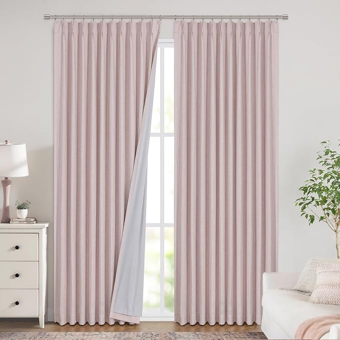 Vision Home Soft Pink Pinch Pleated Full Blackout Curtains Linen Blended Room Darkening Window Curtains 120 inch for Living Room Bedroom Thermal Insulated Pinch Pleat Drapes with Hooks 60" Wx120 Lx1