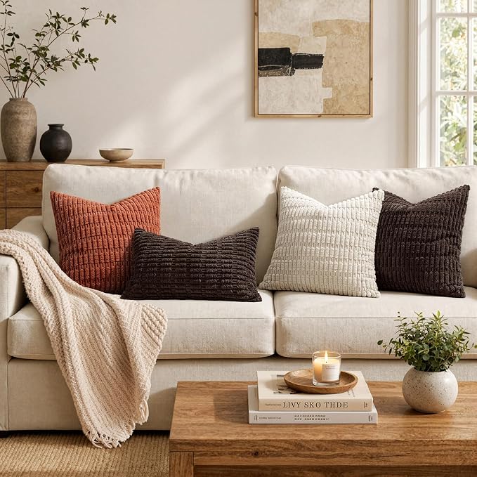 MIULEE Lumbar Corduroy Decorative Throw Pillow Covers 12x20 Dark Brown | Pack of 2 Soft Boho Striped Pillow Covers Modern Farmhouse Fall Home Decor For Sofa Living Room Couch Bed