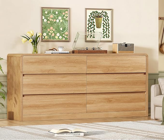 TEENFON 55" Dresser for Bedroom with 6 Drawers, Dressers & Chests of Drawers with Curved Profile Design, 6 Drawer Dresser, Bedroom Dressers, Wood Dressers for Bedroom, Hallway, Natural