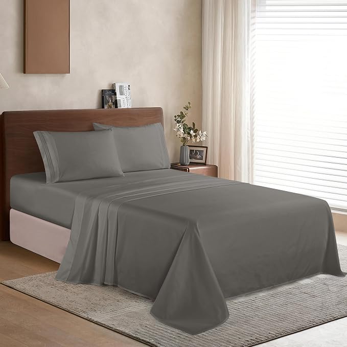 Elegant Comfort Luxury 1500 Premium Hotel Quality Microfiber 4-Piece Sheet Set - Wrinkle Resistant, All Around Elastic Fitted Sheet, Deep Pocket up to 16", Twin/Twin XL, Grey