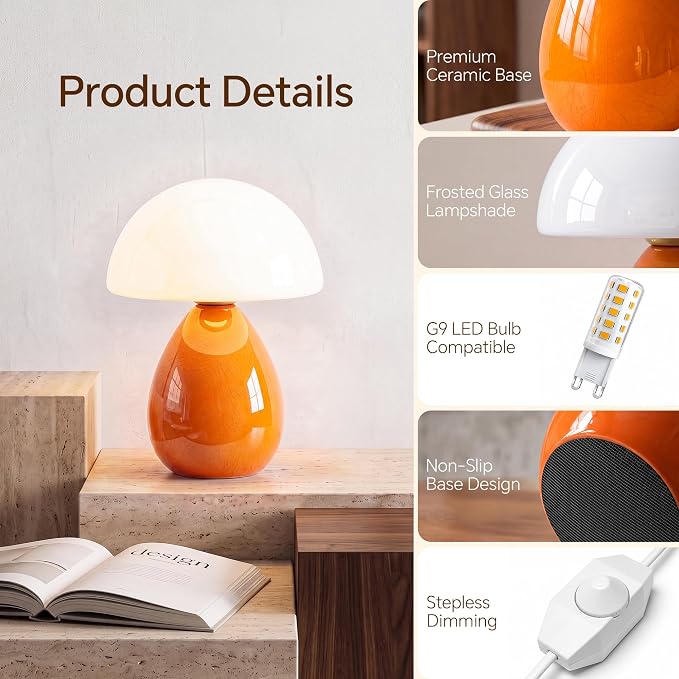 Mushroom Lamp Table Lamp for Bedroom-Small Desk Table Lamps,Orange | Ice Crackle 10.08" Mid Century Modern Table Lamps for Living Room Bedroom Decor,Ceramic Lamps for Home Room Decor,Glass Shade