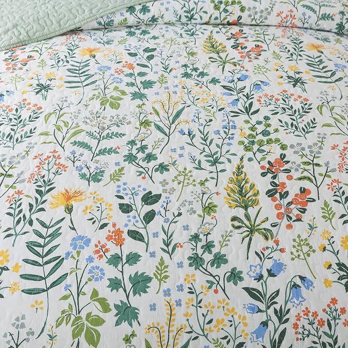Cotton Bedspread Quilt Sets-Reversible Patchwork Coverlet Set, Green Classic Floral Pattern, Queen Size
