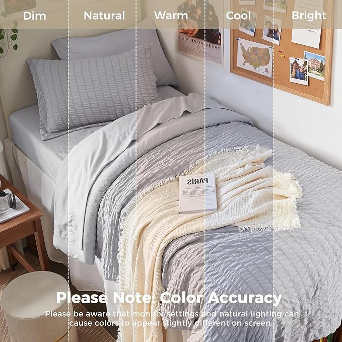 HYMOKEGE Light Grey Twin Comforter Set Seersucker 5 Pieces, All Season Luxury Bed in a Bag for Bedroom, Bedding Set with Comforters, Sheets, Pillowcase & Sham