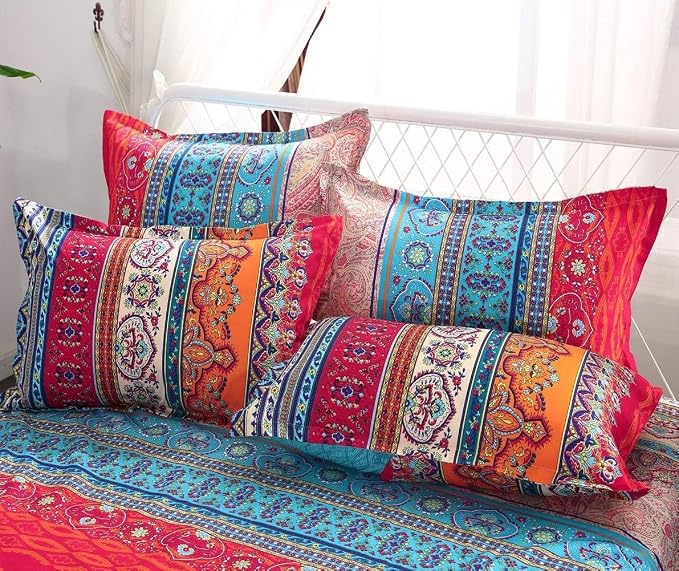 Bohemian Queen Comforter Set Soft Chic 3 Pieces Bedding Boho Comforter Set Lightweight Exotic Red Teal Mandala Colorful Vintage Comforter Bed Set for All Seasons