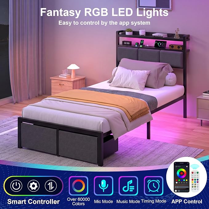 Twin Bed Frames with 2 Storage Drawers, Platform Bed with LED Lights & Charging Station, Upholstered Headboard with 2-Tier Shelves, Heavy Duty Metal Sltats, No Box Spring Needed, Noise Free