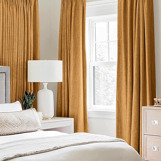 MIULEE 100% Blackout Linen Curtains for Bedroom 52x63 Inches Mustard Yellow | Room Darkening, Light Blocking, Thermal Insulated, Grommet Top, Linen Textured, Window Curtains for Living Room, 2 Panels