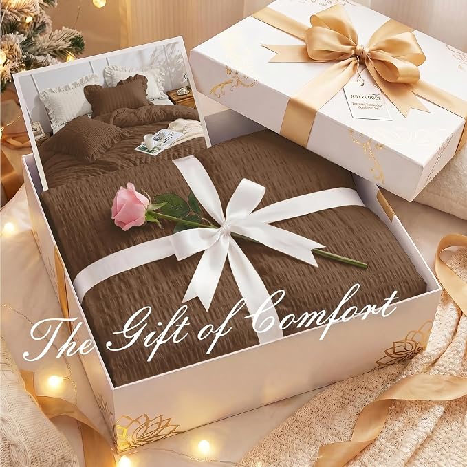 JOLLYVOGUE Oak Brown Twin/Twin XL Comforter Set, 2 Pieces Seersucker Lightweight Fluffy Bedding Set, Twin Ruffle Comforter, All Season Soft Microfiber Shabby Chic Bed Set