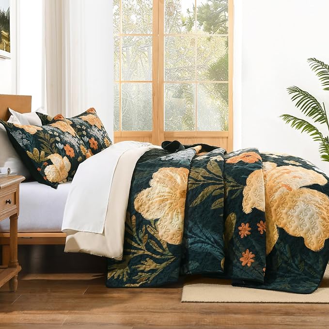 Andency Quilt King Size, Green Floral Boho Summer Bedspread 3 Pieces | Golden Flower Botanical Summer Bedspreads with 2 Shams, Reversible Polyester Coverlet Set for All Seasons, 106"x96"