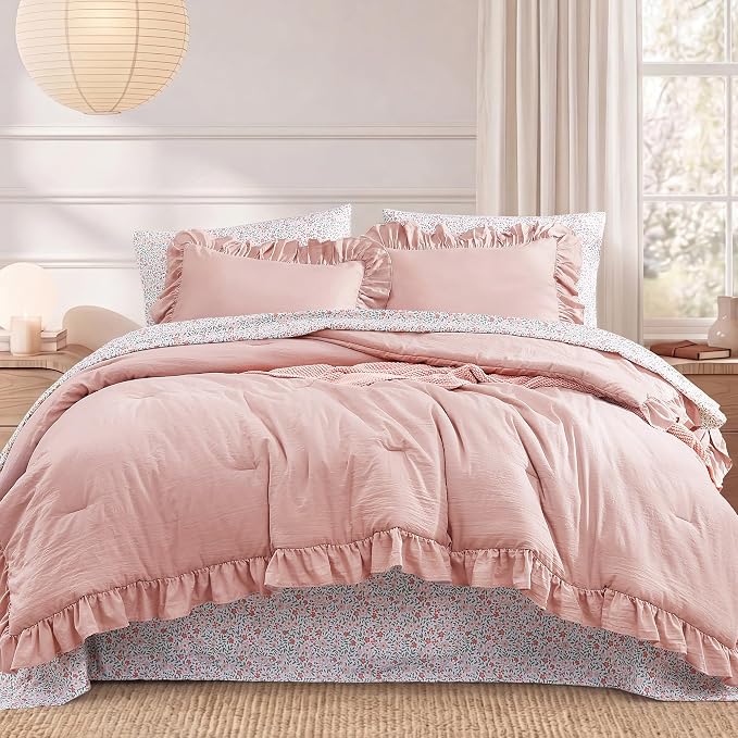 Queen Comforter Set-7 Pieces Ruffle Bedding with Floral Sheet | Soft Pink Bed in a Bag, Soft Lightweight All Season Farmhouse Queen Bedding Sets with Floral Sheets, Pillowcases & Shams