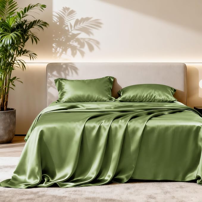 Love's cabin Twin Satin Sheets Sets - 3 Piece Sage Silky Bed Sheets with Deep Pockets, Luxury Silk Feel Satin Twin Size Sheet Set Bedding Set (1 Flat Sheet,1 Fitted Sheet,1 Pillow case)