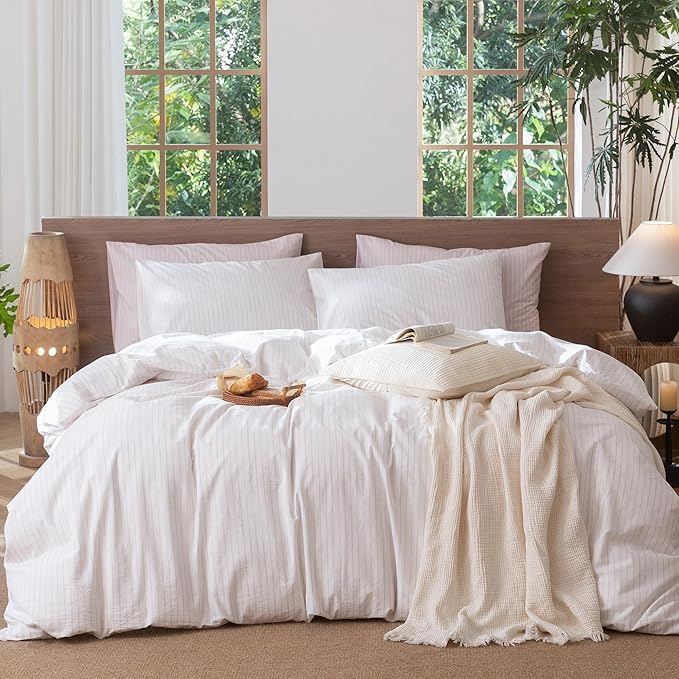 MooMee Striped Duvet Cover Set 100% Washed Cotton Linen Like Full | Relaxed Linen-like Texture. Soft, Breathable & Long-lasting Comfort. Lightweight. Hidden Zipper with 8 Interior Corner Ties