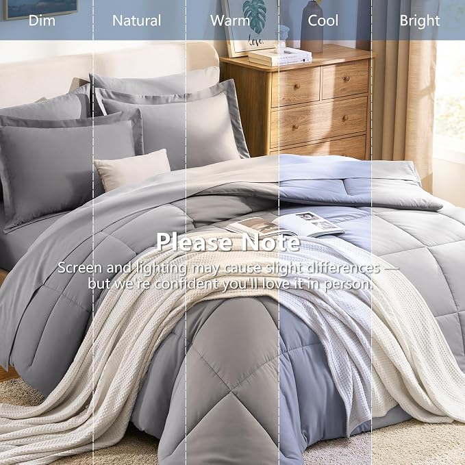Queen Comforter Set, 7-Piece Bed in a Bag, Grey | OEKO-TEX Certified, Box-Stitched Design, 240 GSM Down Alternative Fill, All-Season Comfort, Sheets, Pillowcases & Shams