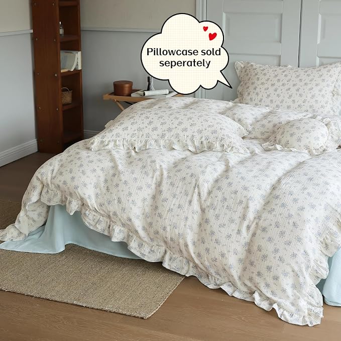 Cottage Chic Ruffled Duvet Cover Full, Blue Floral Quilt Cover 79"x90", 1 PC, Soft Muslin Cotton Comforter Cover Farmhouse Bedding Duvet Cover, No Comforter Insert/Pillowcase