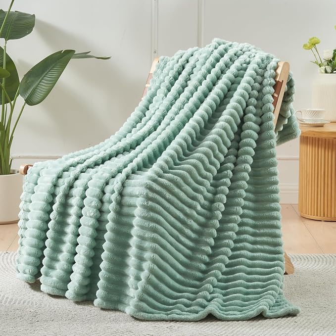NEWCOSPLAY Fleece Ribbed Cozy Queen Blanket for Couch, Mint Green, 90"x90" | Premium Silky Flannel Blanket, Soft Lightweight Fluffy Throw Blanket for Bed Sofa Decor, Gift for All Season Use