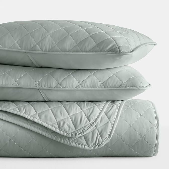 Merit Linens Modern Quilt Coverlet Soft Set in Diamond Stitching - King/Cal-King Eucalyptus