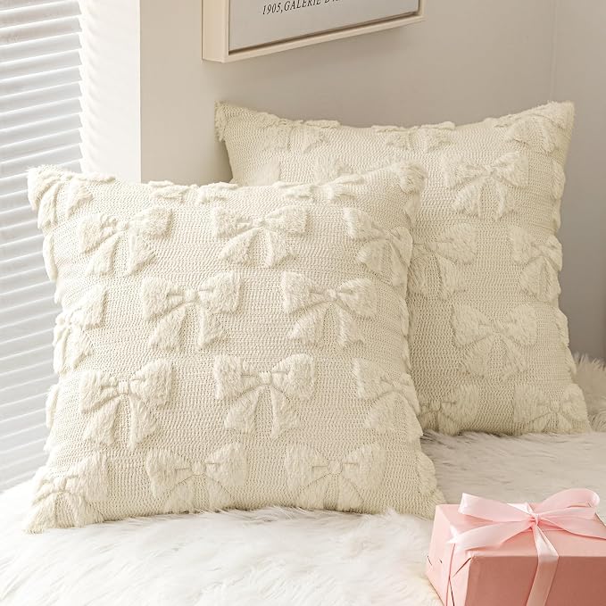 MIULEE Cream White Bow Pillow Covers Coquette Room Decor 20x20 | Aesthetic Decorative Cute Girl,Set of 2 Cushion Covers,Soft Plush Faux Pillowcases,Preppy Room Decor Bedroom Couch