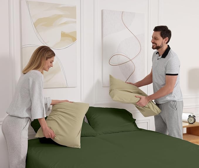 RUVANTI 100% Cotton Percale Sheets Queen Size, Chive | Crisp Cooling, Deep Pocket 16", Soft Breathable & Durable, Hotel-Style, 4 Piece Set