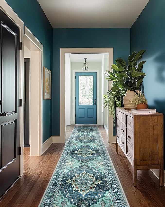 RELEANY Washable Area Rug, Runner 2'x10', Teal | Non-Slip, Water Repellent, Pet Friendly, Easy to Clean, Vintage Floral Boho Decor for Kitchen Hallway Bedroom Laundry