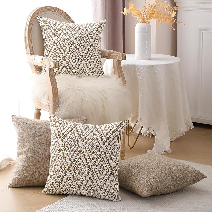 HPUK Throw Pillow Covers 18x18, Set of 4, Light Brown Couch Pillow Covers | Polyester fabric, patterned and solid designs, hidden zippers, machine washable, for sofas and beds, inserts not included