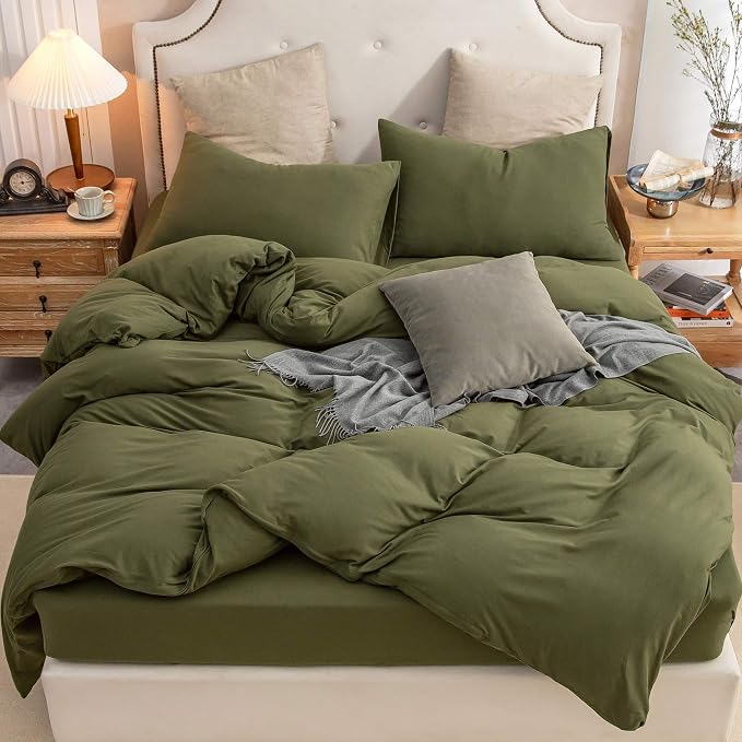 PURE ERA Jersey Knit Sheet Set Solid Olive Green King | 100% Cotton, 3 Piece Set, T Shirt Soft, Breathable, Envelope Closure Pillowcases, Hidden Zipper, 8 Ties, No Insert, Modern
