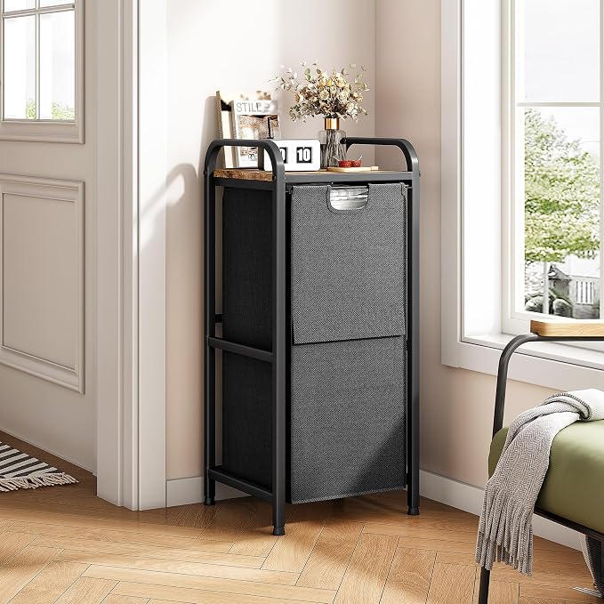 Kitstorack Laundry Hamper, Laundry Basket, Laundry Sorter with a Pull-Out and Removable Bag, Shelf, Metal Frame, 17 Gallons (62 L), Ink Black and Rustic Brown