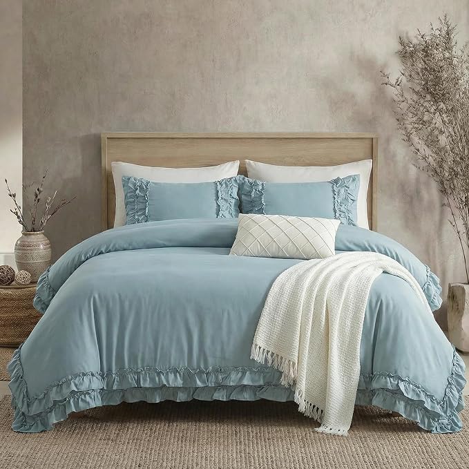Grayish Blue Duvet Cover Queen Vintage Ruffled Bedding Shabby Chic Boho Bedroom Decor Super Soft All Season Ruffle Duvet Cover Set