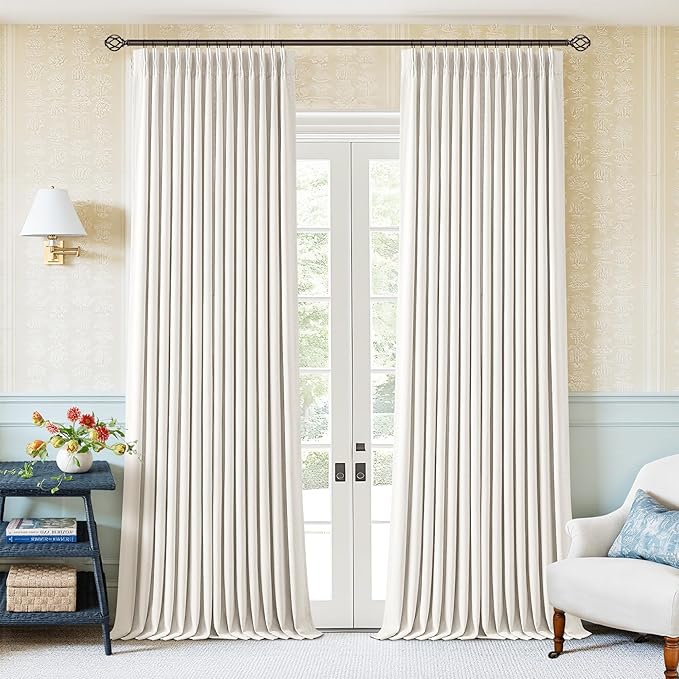 Ivory Beige White Pleated 100% Blackout Linen Curtains 90 Inches Long | Memory Trained, Pinch Pleat Back Tab, Black Out Thermal, Noise Blocking, Double Layer Windows Drapes for Bedroom Living Room