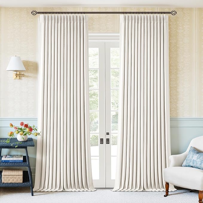 Ivory White Pleated 100% Blackout Linen Curtains 96 Inches Long 2 Panels | Memory Shape, Pinch Pleat, Black Out Heavy Duty Insulated, Cream Ivory Curtain Drapes with Liner, for Bedroom Living Room
