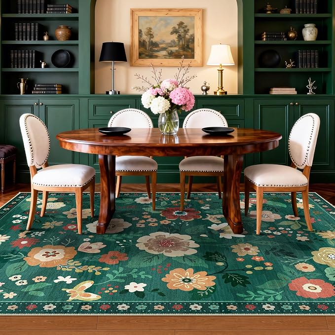 RELEANY Floral Washable 6x9 Area Rugs DarkGreen | Flower Carpet, Print, Boho, Non-Slip, Easy to Clean, Soft, Low Pile for Living Room Bedroom Kitchen Office Entryway Hallway