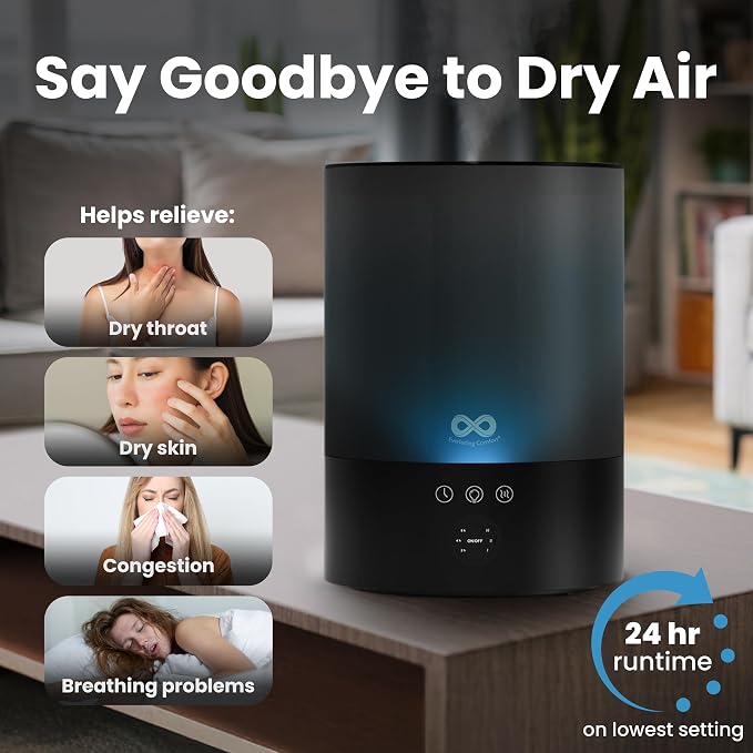 Everlasting Comfort 2.5L Top Fill Humidifier for Bedroom – 28dB Ultra-Quiet, Easy to Fill & Clean, 24HR Runtime, Night Light, Timer, Ultrasonic Cool Mist, Auto Shut-Off for Indoor Use - Black