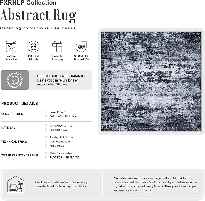 Area Rug Living Room: 8x8 Modern Washable Indoor Carpet Black | For Bedroom Dining Room Farmhouse Nursery Hallway Office,Modern Abstract,Machine washable,Non-Slip,Stain Resistant,Indoor