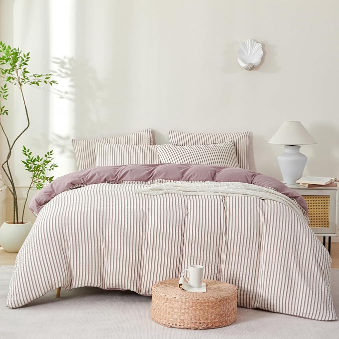 Comforter Set King Purple Soft Luxury Washed Microfiber Jacquard 3 Pieces Bedding, White Grayish Purple Vertical Ticking Stripes Pattern Comforter with 2 Pillowcases Breathable Durable Comfy