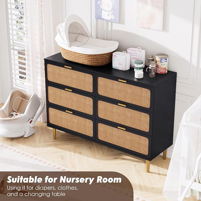 GarveeHome Rattan 6 Drawer Dressers for Bedroom, Deep Drawer, Black | Tall Dresser, Wide Top, for Living Room, Hallway, Kids Room, Large Chest of Drawers for Closet, Long Wooden Dresser