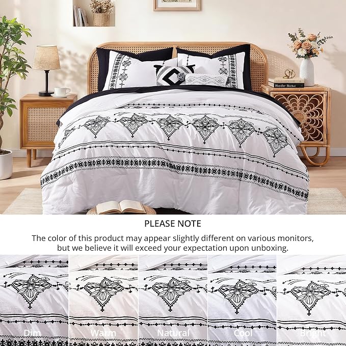 MaiRêve Queen Comforter Set Embroidery Floral 7 Pieces Bed in a Bag | Frost White Boho Farmhouse Bedding Sets with Comforter, Sheets, Pillowcases & Shams